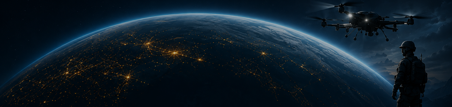 Earth at night with a drone and an engineer in the foreground