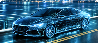 Wireframe passenger car on a lit roadway