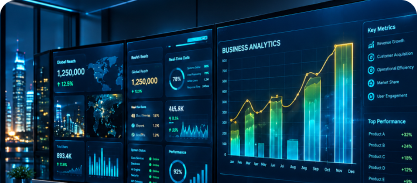 Analytics dashboards on a wall of monitors