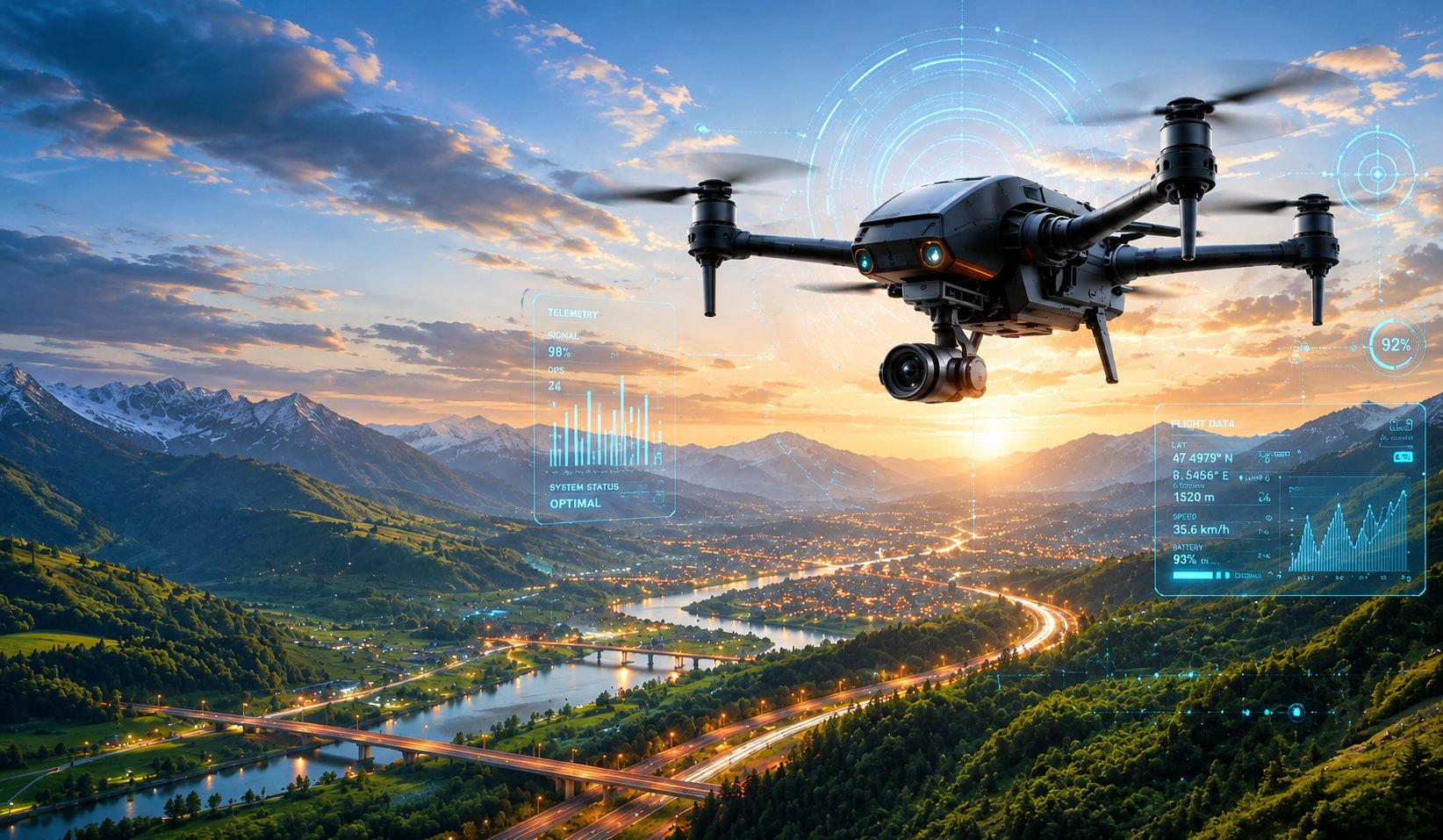 Survey drone over a mountain valley at sunset
