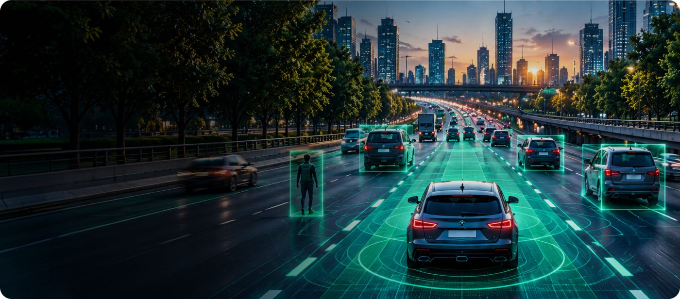 Vehicle tracking cars and a pedestrian on a city highway at dusk