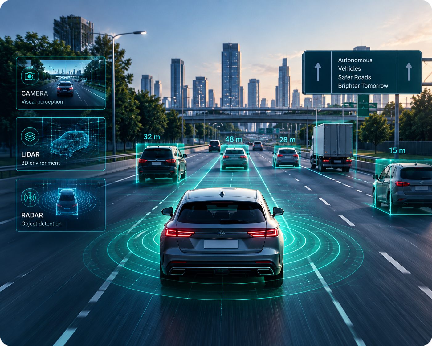Vehicle on a highway with ADAS lane, vehicle and pedestrian overlays