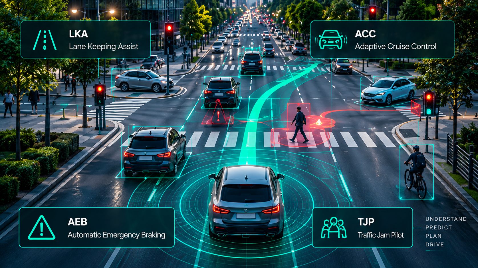 ADAS view of a city road with lane, vehicle and pedestrian detection
