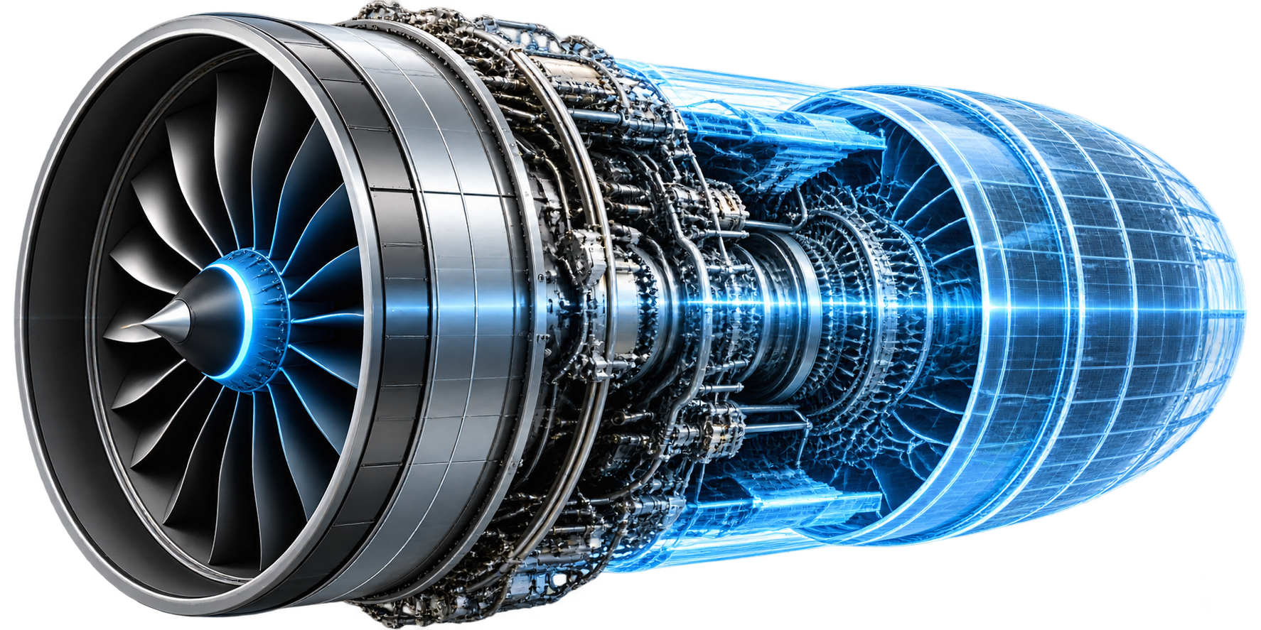 Turbofan engine, photographic and wireframe