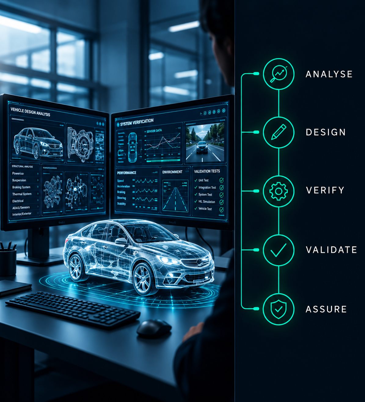 Engineer reviewing vehicle design analysis and system verification