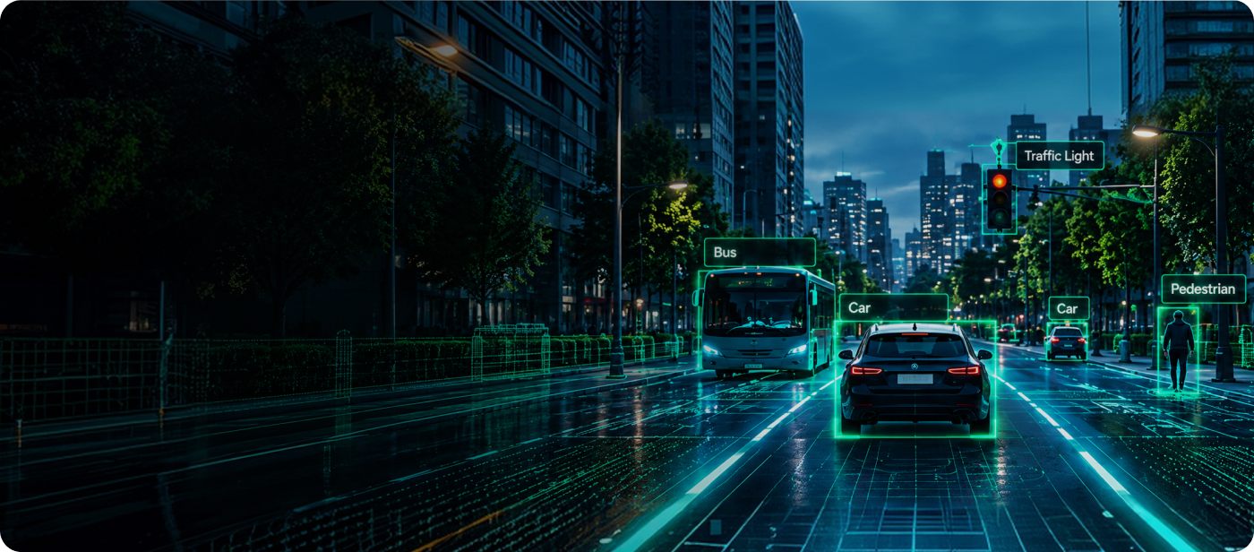 Vehicle detecting cars, pedestrians and cyclists on a city road