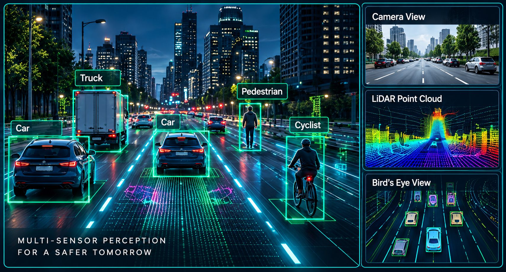 Multi-sensor perception showing cars, a truck, a pedestrian and a cyclist