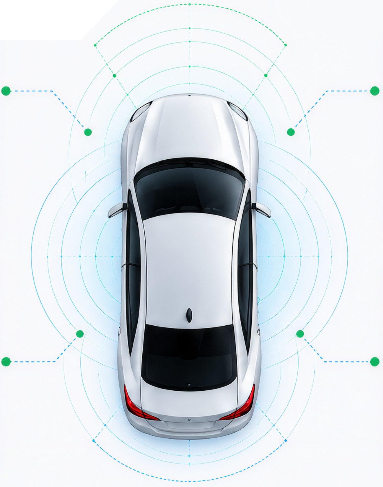 Top-down view of a car surrounded by sensor coverage rings