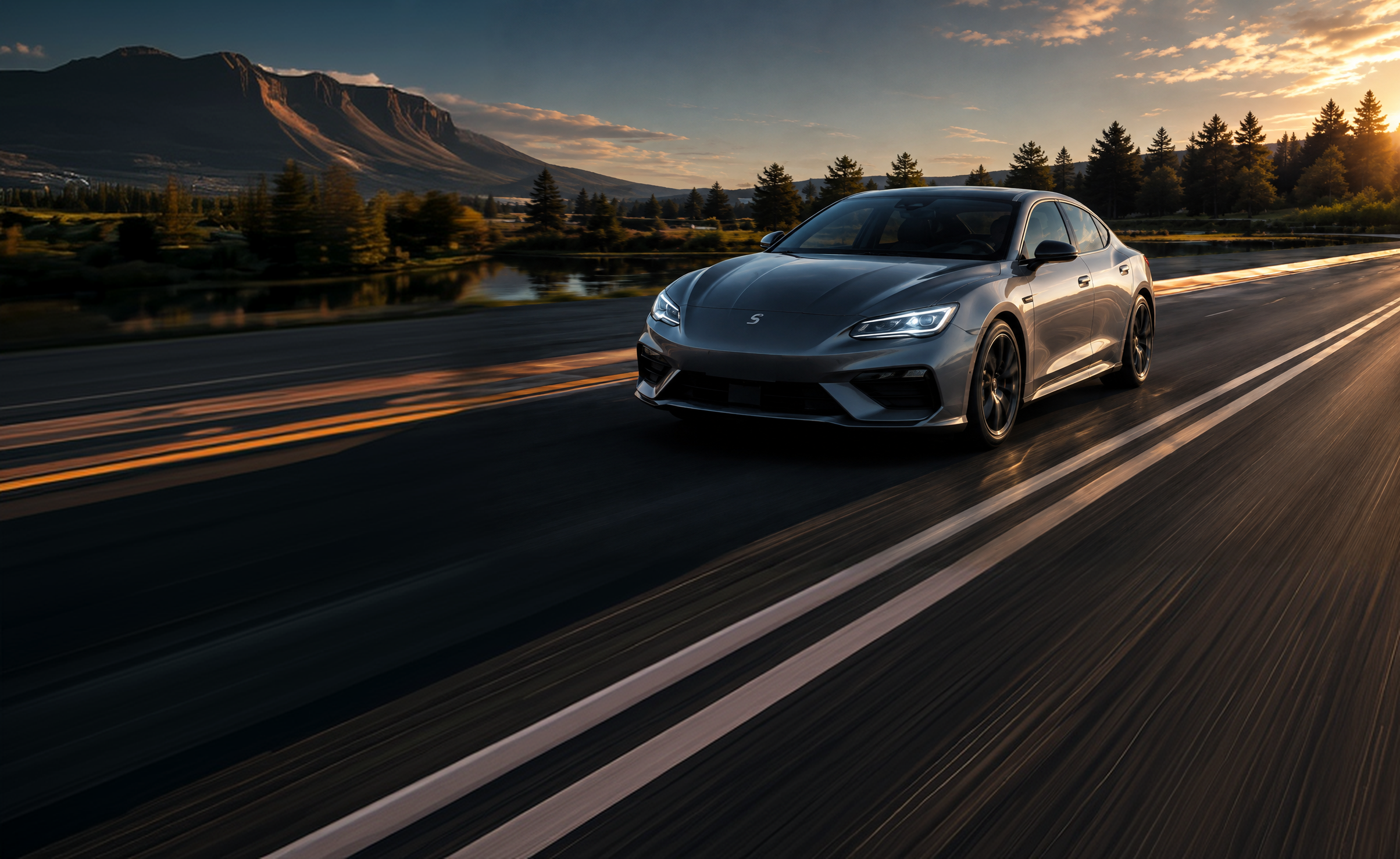Passenger car driving on an open road at dusk