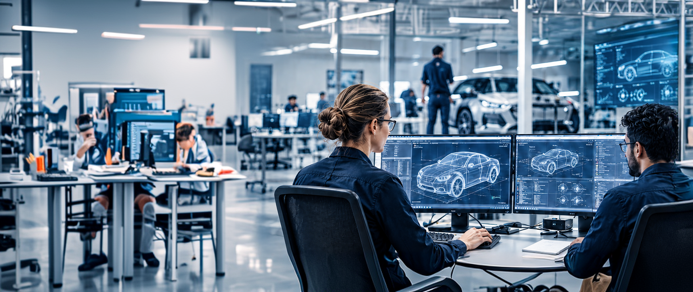 Engineers reviewing a vehicle systems model