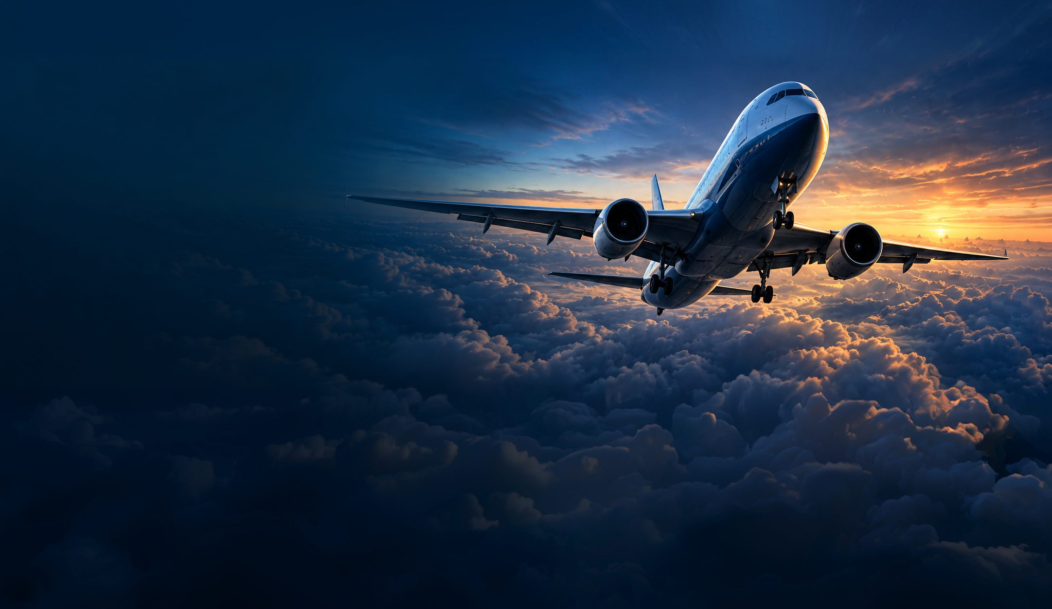 Commercial aircraft climbing at sunset
