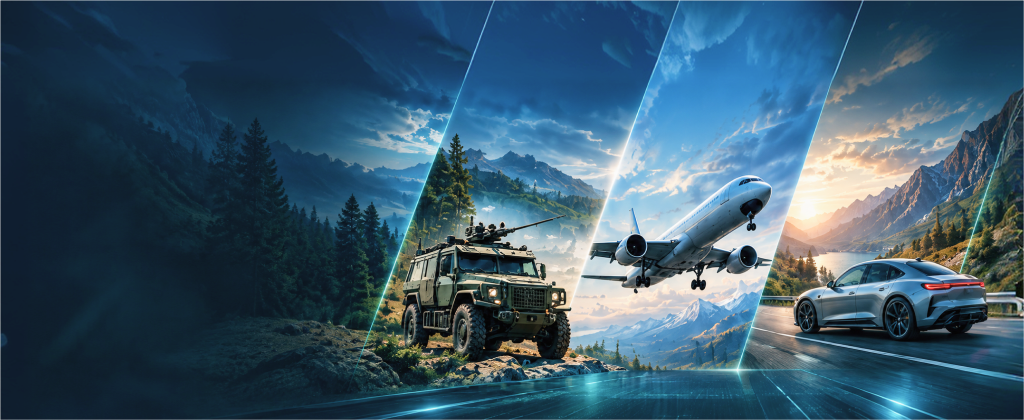 Defence vehicle, aircraft and connected cars in one scene