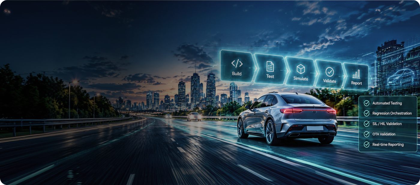 Vehicle on a highway with a build, test, simulate, validate and report pipeline