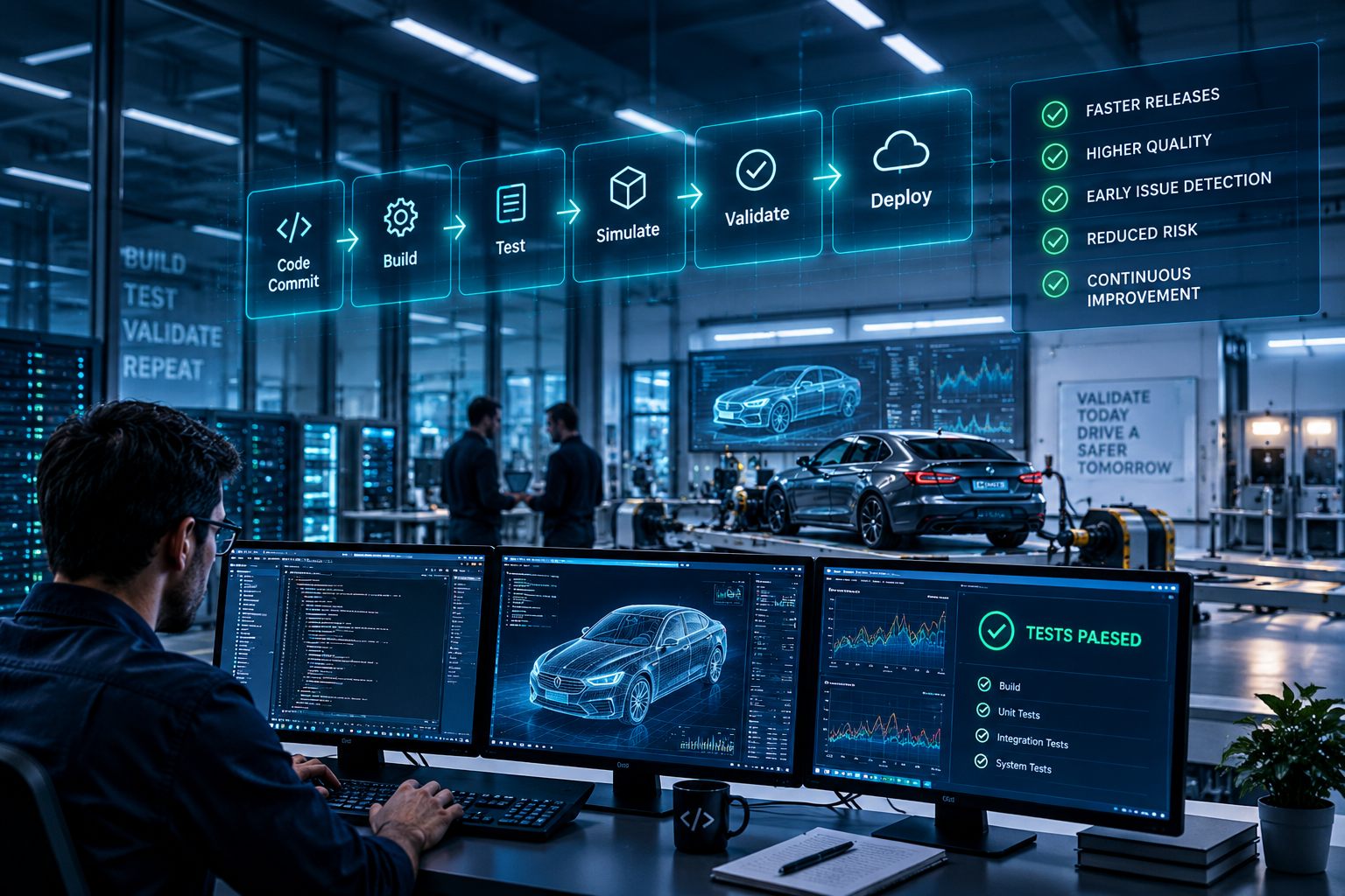 Engineer reviewing code beside a vehicle and a deploy pipeline