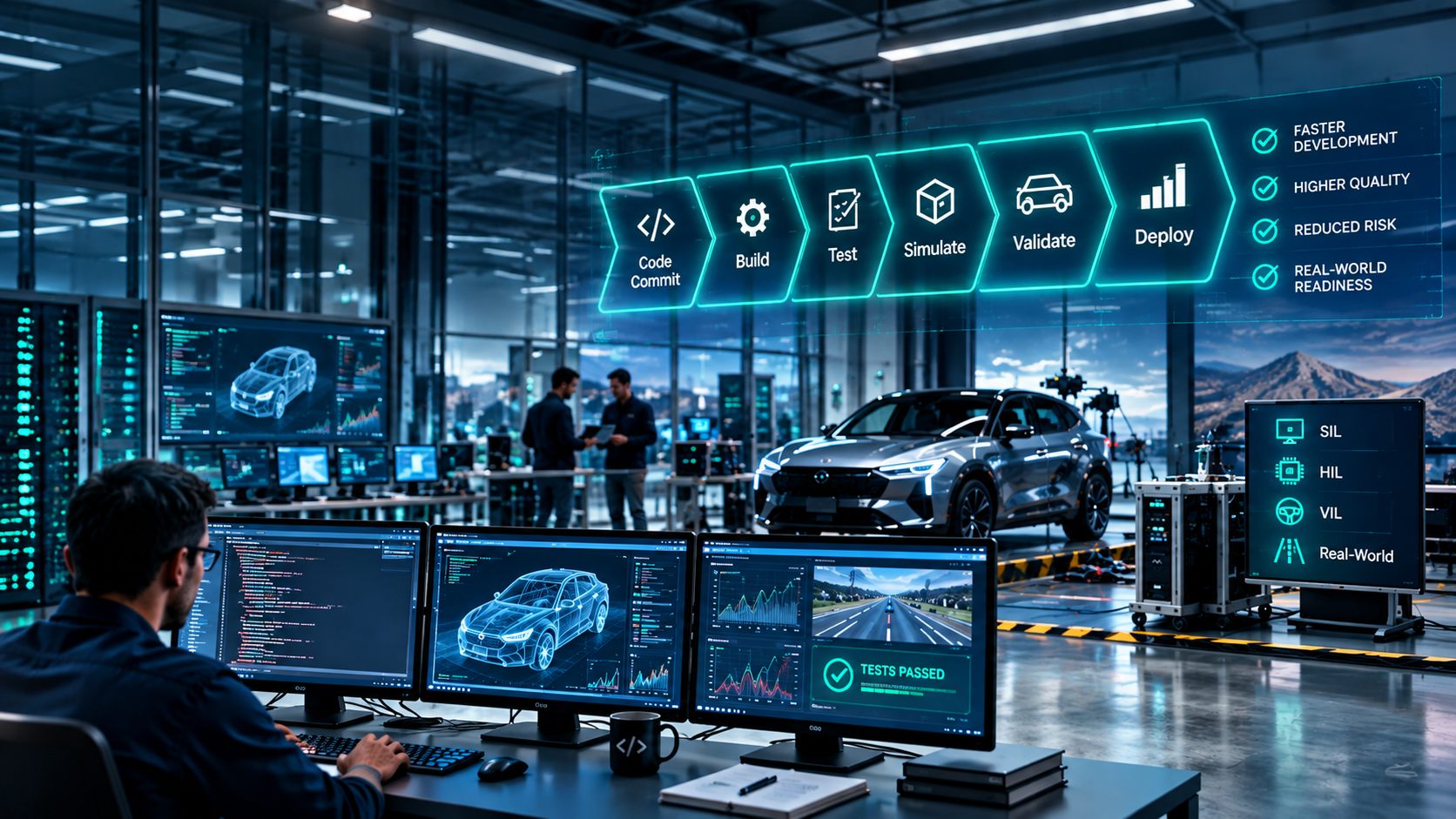 Engineering lab with a vehicle, code screens and a commit-to-deploy pipeline