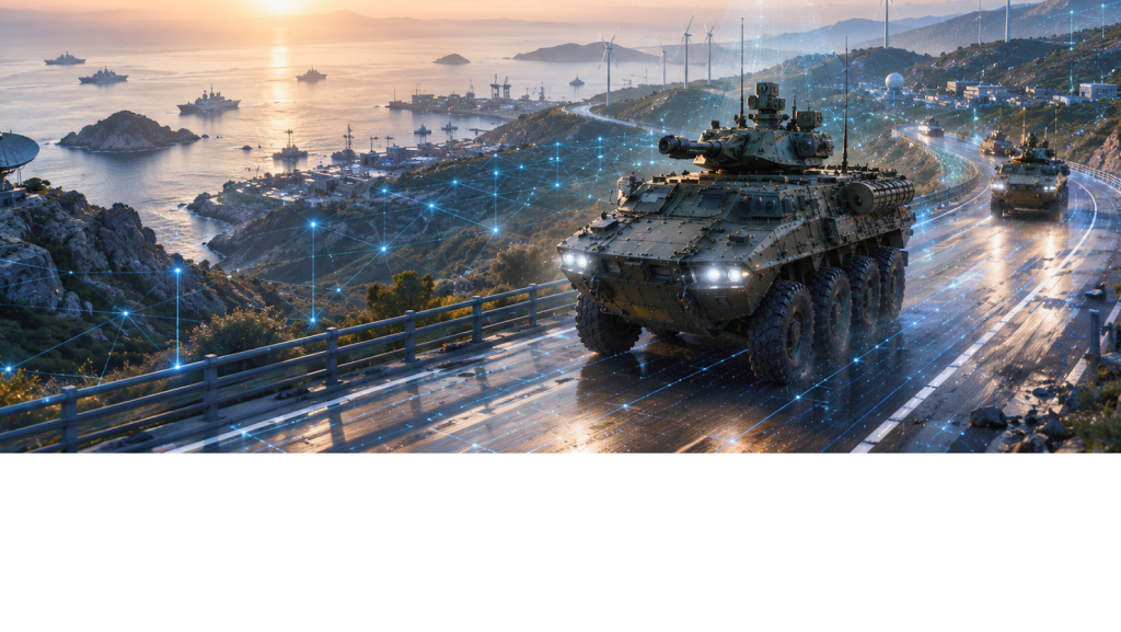 Armoured vehicles on a wet road at night