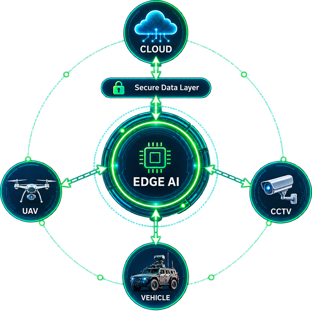 Edge AI diagram linking cloud, UAV, CCTV and vehicle through a secure data layer