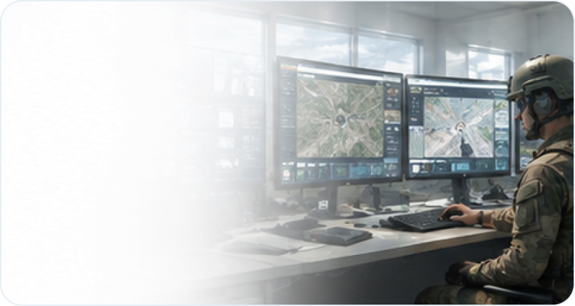 Operator reviewing a multi-screen situational awareness console