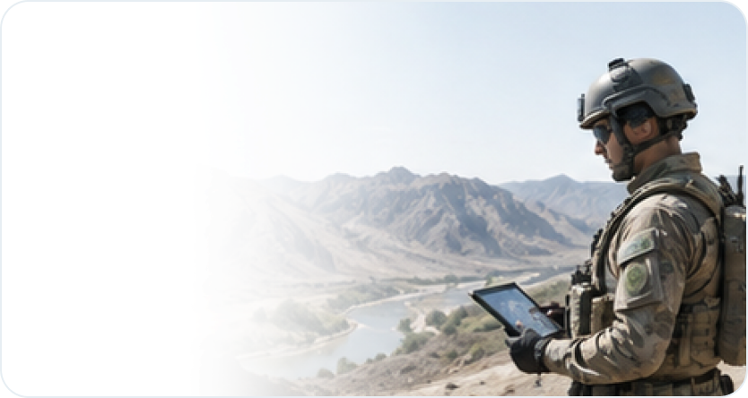 Soldier reviewing a secured handheld device
