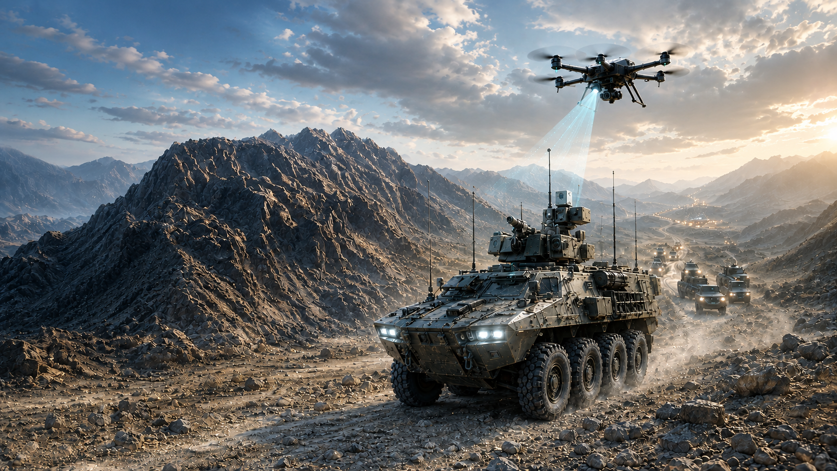 Defence-grade UAV and armoured vehicle on a mountain range at dusk