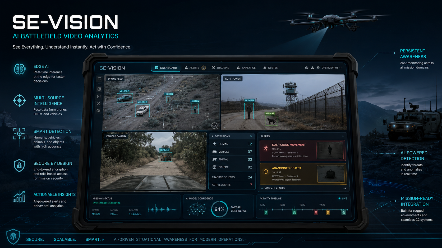 SE-VISION battlefield video analytics interface on a rugged tablet