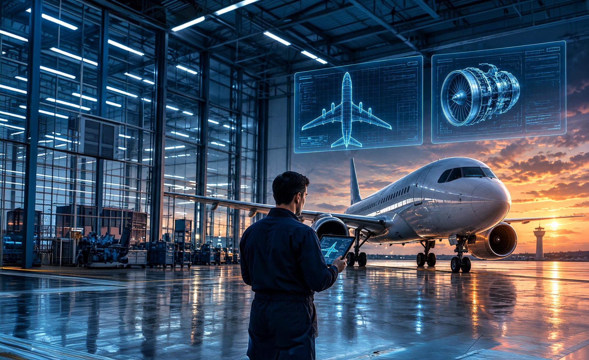 Engineer reviewing aircraft systems in a hangar