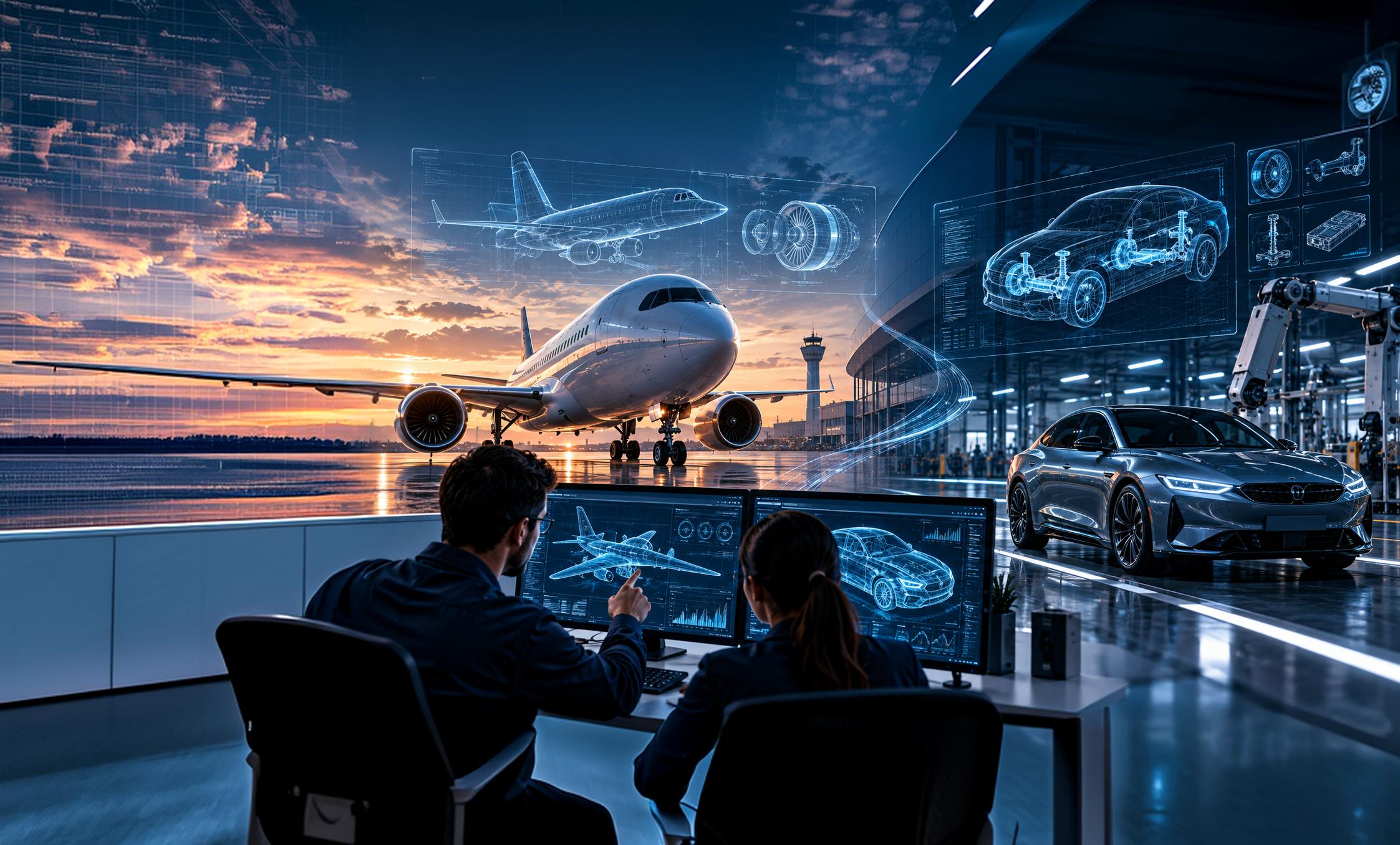 Engineers reviewing aircraft and vehicle digital models