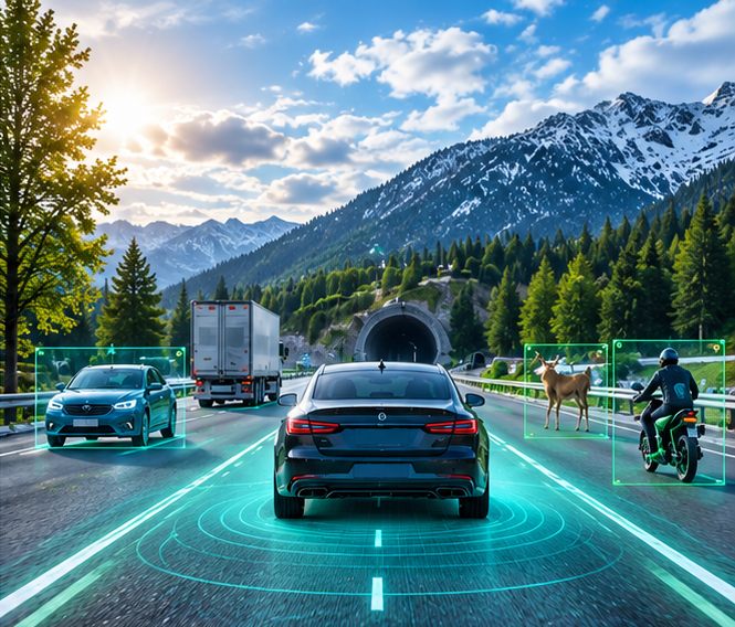 Vehicle approaching a tunnel with detected road users