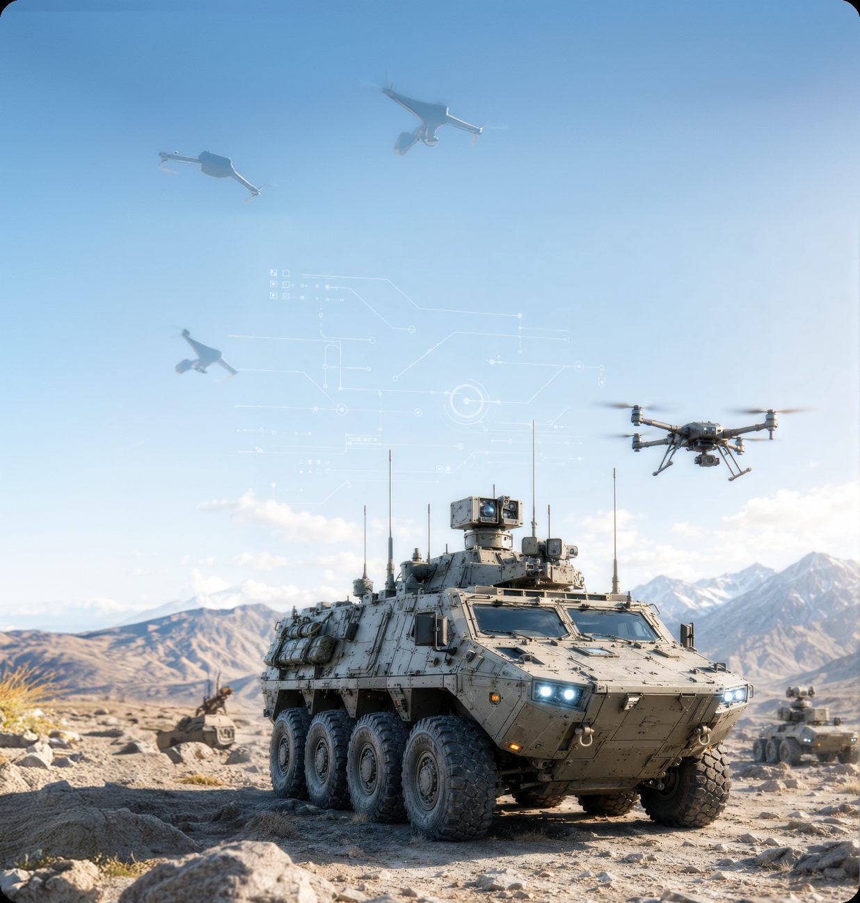 Armoured vehicle with unmanned aircraft overhead