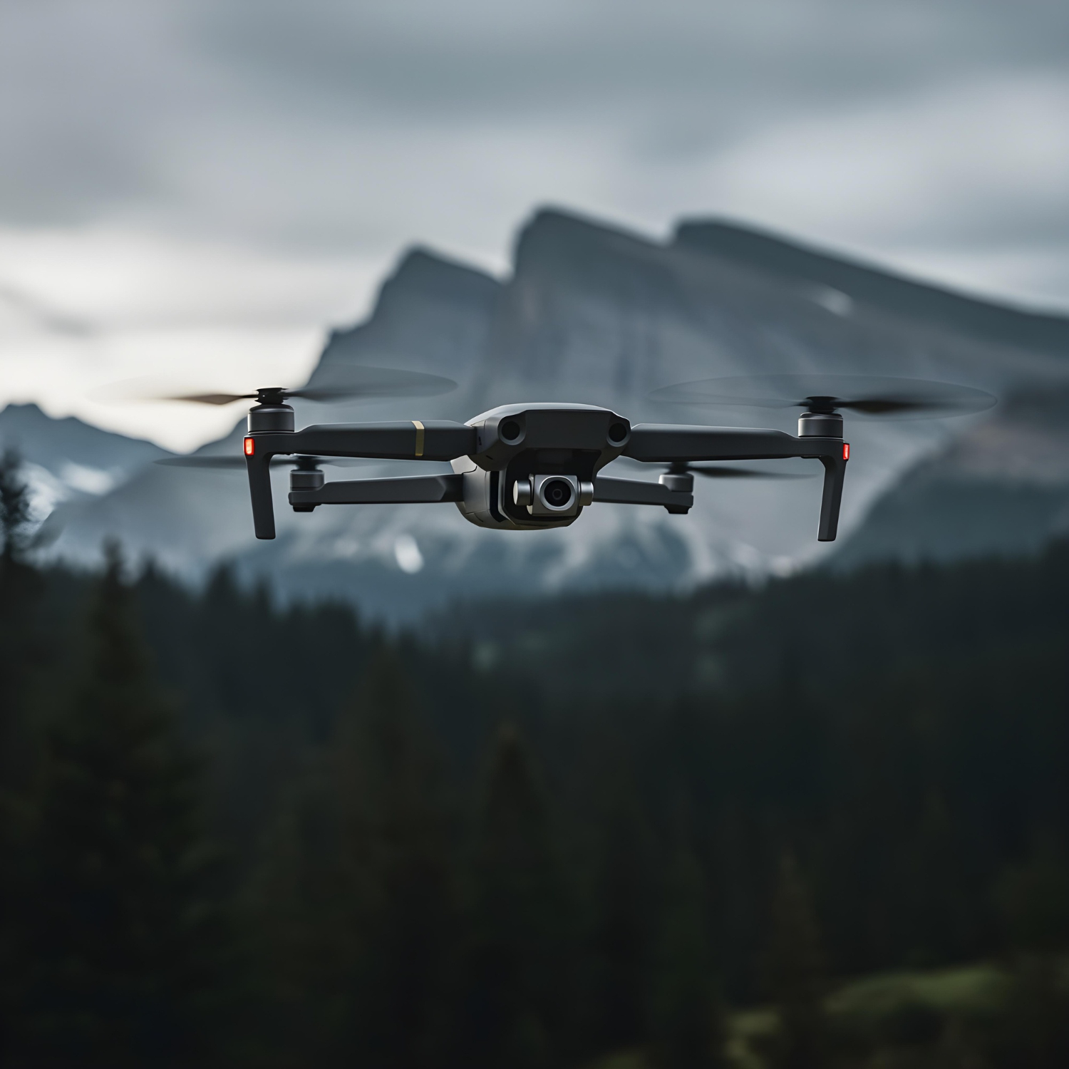 Unmanned aircraft flying over forested hills