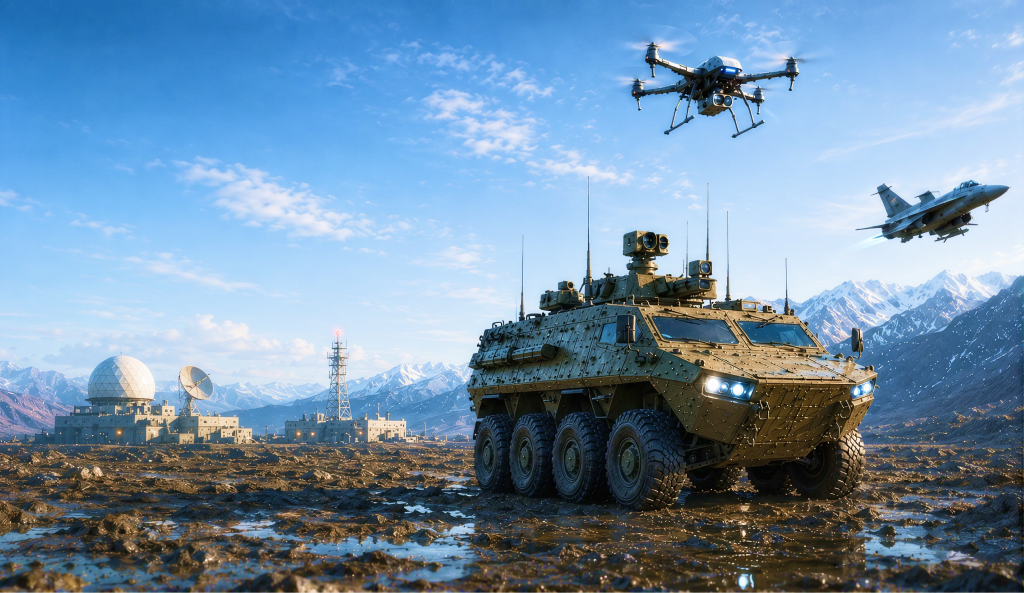 Mission vehicle, unmanned aircraft and jet over a mountain landscape