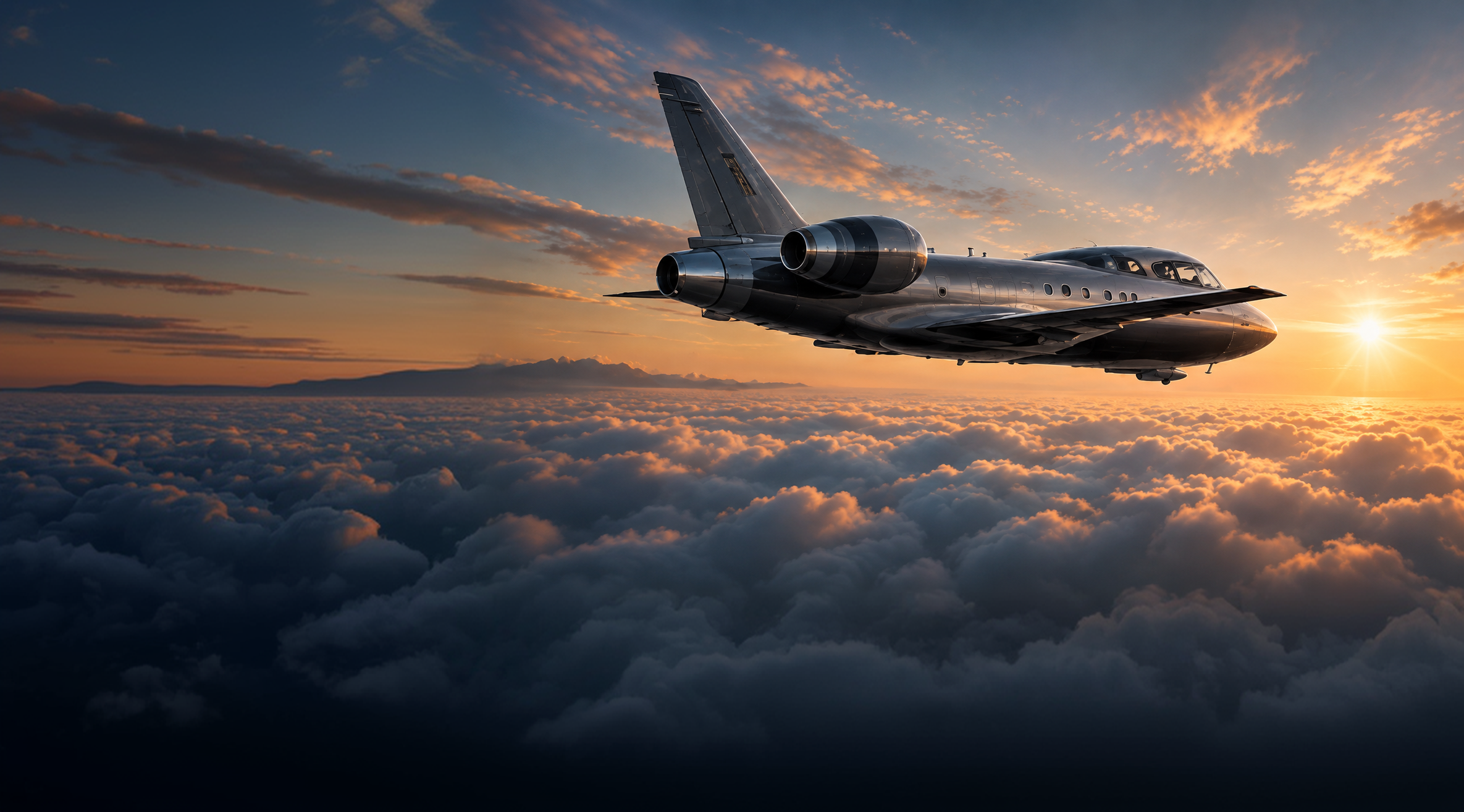 Business jet flying at sunset