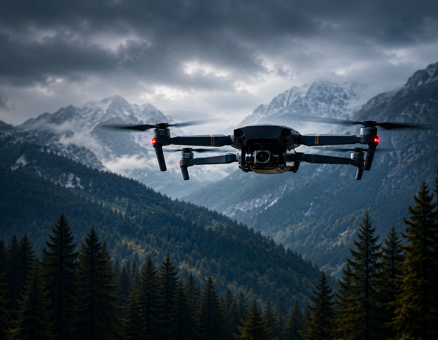 Unmanned aircraft flying over a mountain valley