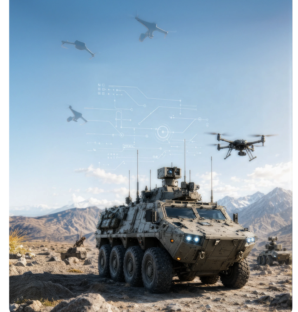 Armoured vehicle with drones overhead