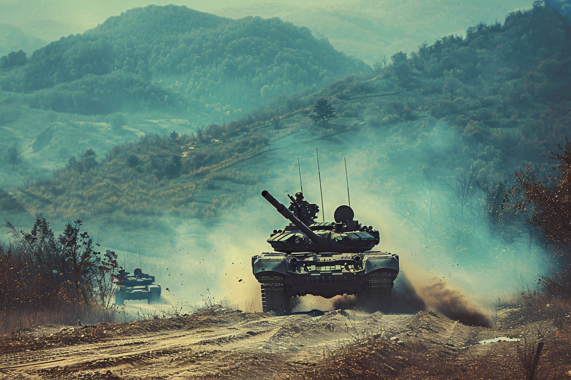 Tanks moving through a mountain valley