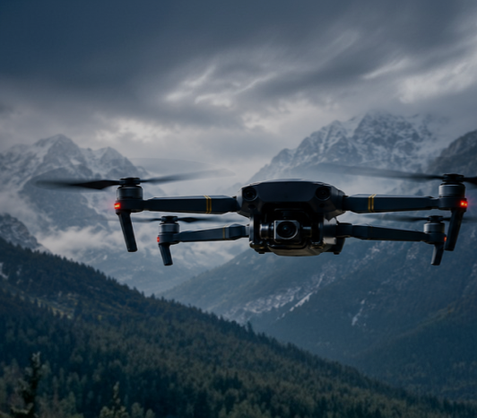 Drone flying above mountains