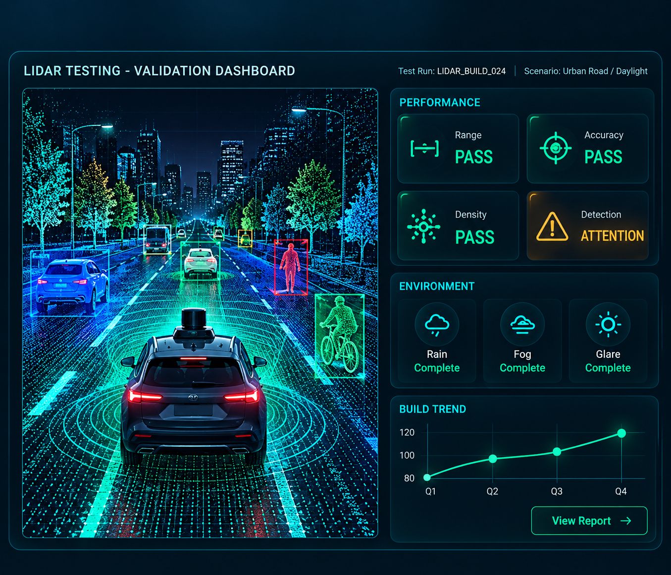 Lidar validation dashboard with range, detection and point-cloud results