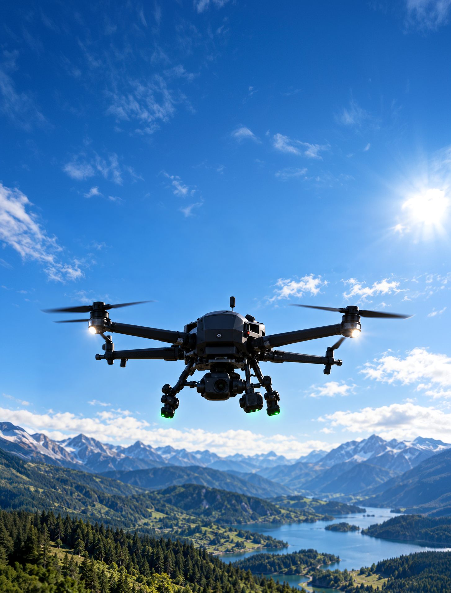 Drone in flight over open ground