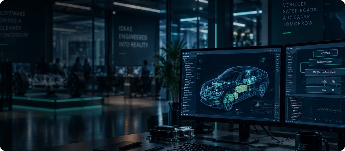 Engineering lab with a vehicle software architecture on screen