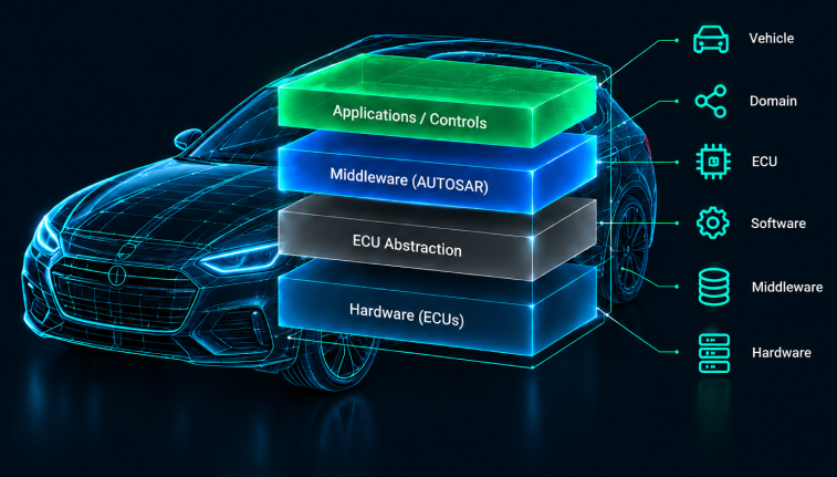 Vehicle software layers from applications and AUTOSAR middleware down to hardware